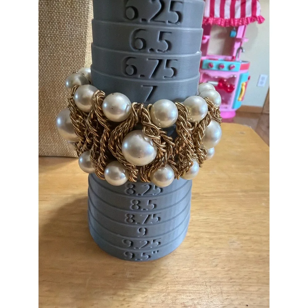 Gold Tone Chunky Faux Pearl‎ Triple Row Stretch Cuff Bracelet Statement Jewelry